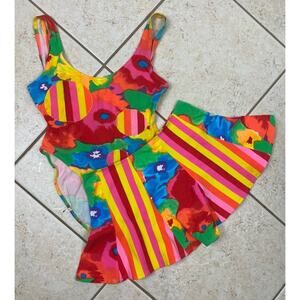 Keiko VTG Pink One Piece Swimsuit Skirt Set Abstract Colorful Vibrant Sz L